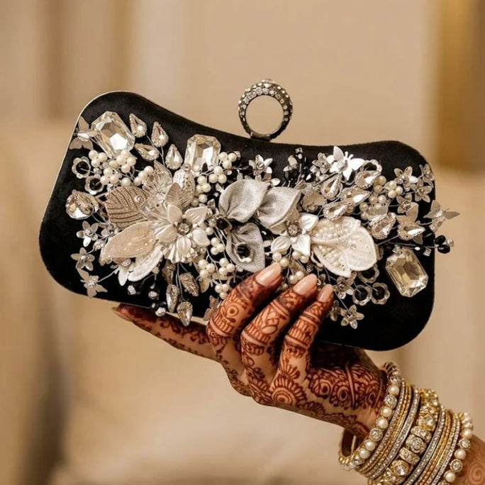 Milli Legacy Velvet Floral Evening Clutch With Pearl Embellishments For Women