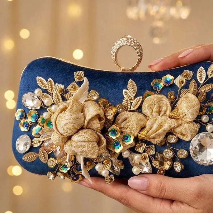 Milli Legacy Velvet Floral Evening Clutch With Pearl Embellishments For Women