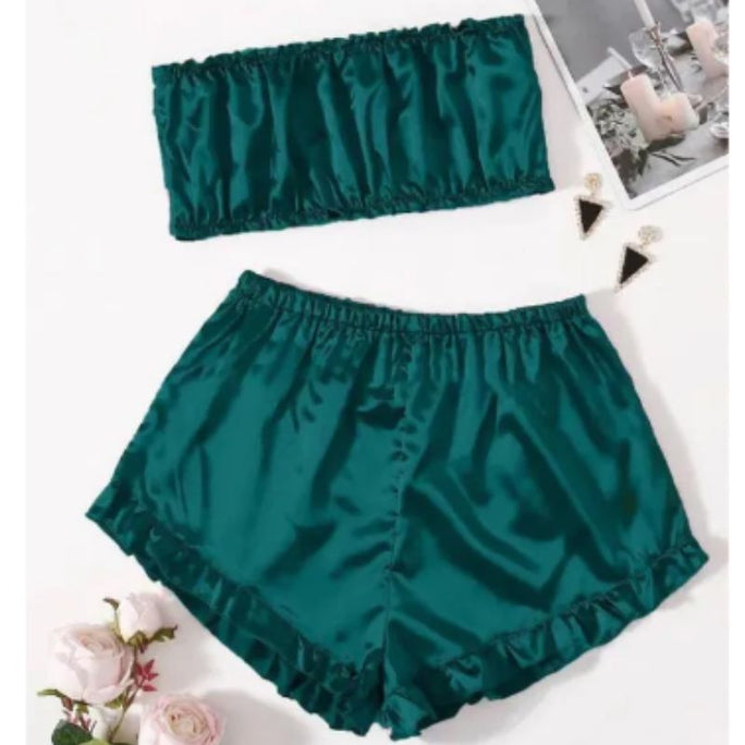 Bihaam Piece Women Girl Ladies Silk Satin Robe Crop Tops Shorts Sleepwear Babydoll Nightdress - M
