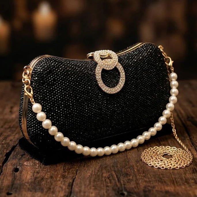 Milli Legacy Midnight Sparkle Clutch with Faux Pearl Crossbody Strap For Women
