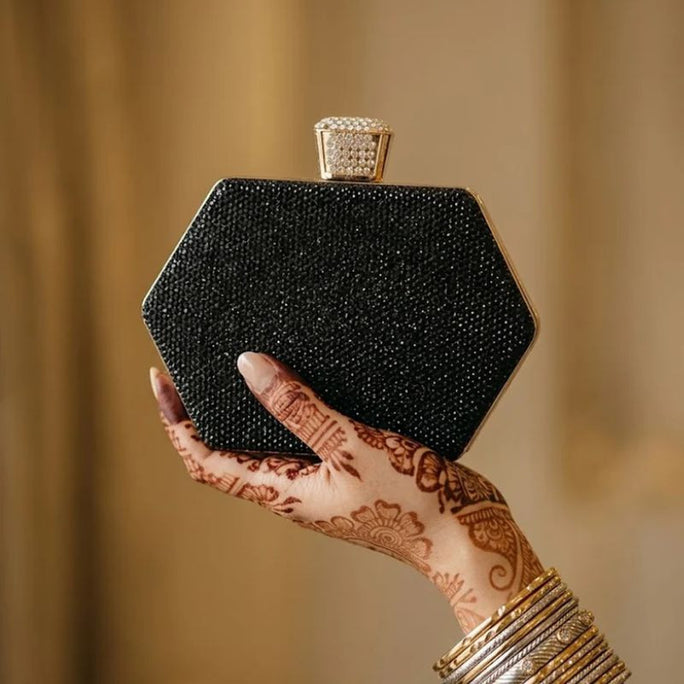 Milli Legacy BC-043 Luxury Beaded Clutch Bag with Gold Handle For Women