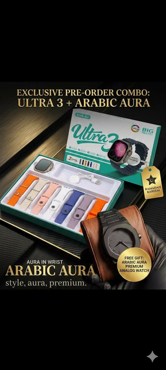 GUS O2 SMART WATCH & FREE Arabic Aura Watch Included Collection Premium Luxury Smartwatch Combo with Stylish Straps⚡ Bluetooth Calling, Fitness Tracking & Ultra HD Display 🎁 Wireless Charger + Luxury Gift Box Packing Included 🚀