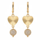 Gold Textured Heart & Crystal Ball Dangle Earrings for Women - Sparkly Huggie Hoop Drop Earrings with Pave Sphere Accent