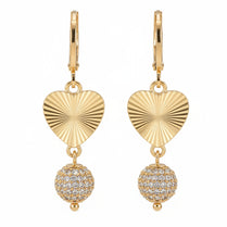 Gold Textured Heart & Crystal Ball Dangle Earrings for Women - Sparkly Huggie Hoop Drop Earrings with Pave Sphere Accent