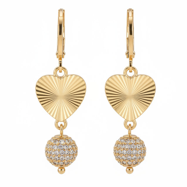 Gold Textured Heart & Crystal Ball Dangle Earrings for Women - Sparkly Huggie Hoop Drop Earrings with Pave Sphere Accent
