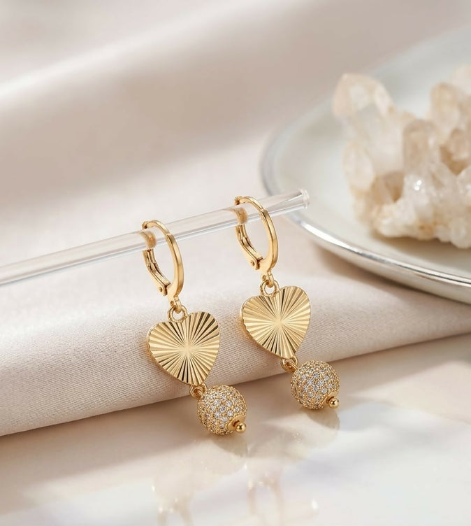 Gold Textured Heart & Crystal Ball Dangle Earrings for Women - Sparkly Huggie Hoop Drop Earrings with Pave Sphere Accent