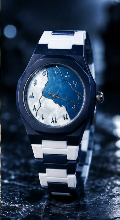 Original BLUE WHITE Arabic Aura Waterproof Wrist Watch: Trending Matte Finish Luxury Timepiece for Men & Boys special Premium Arabic Aura Watch 2026 watch: Luxury Minimalist Design with Butterfly Clasp & Fiber Chain for Men