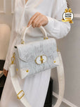 Textured Structured Top-Handle Handbag & Crossbody Bag for Women - Multi-Pocket Flap Shoulder Purse with Printed Strap