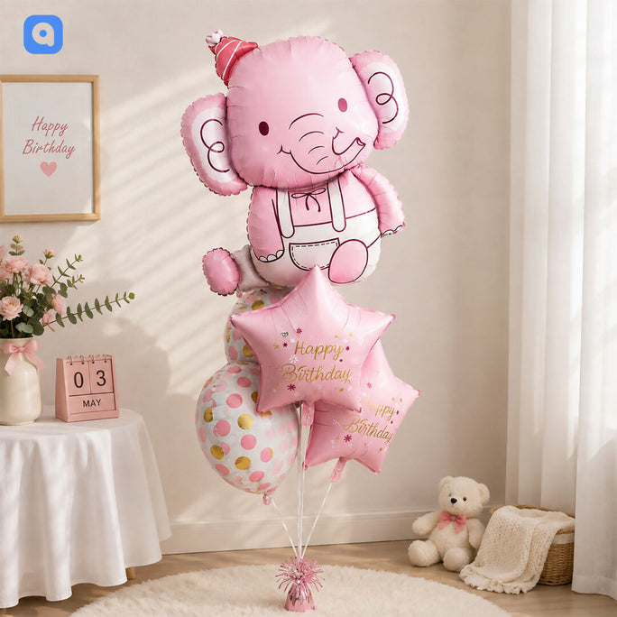 Pink Elephant Happy Birthday Foil Balloon Bouquet