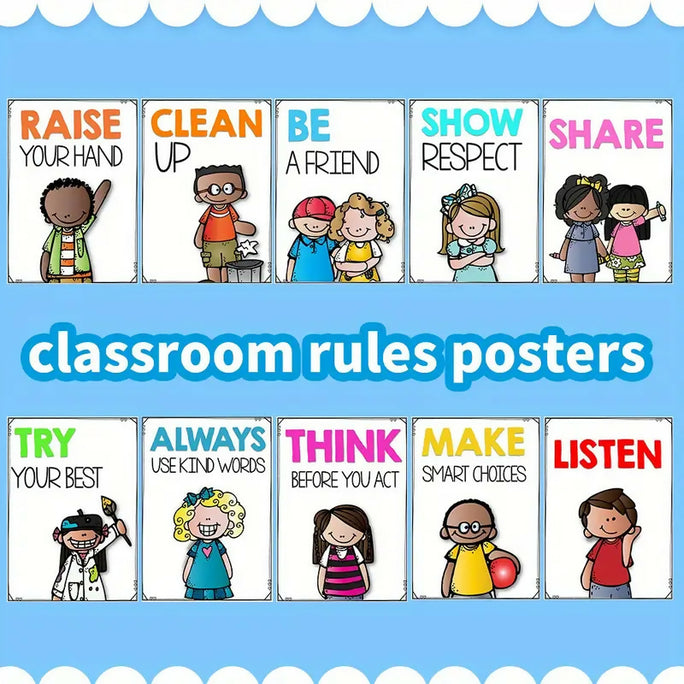 10-Piece Classroom Rules Educational Posters (A4)