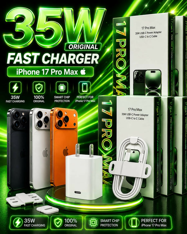 Original 35W Fast Charger For iPhone 17 Pro Max 17 Pro USB-C Power Adapter With Type C To C Cable Kit, Premium Quality PD Fast Charging Adapter, Smart Chip Protection Quick Wall Charger