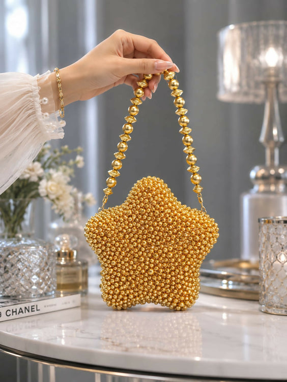 Mini Star Pearl Embellished Frame Clutch for Women - Premium Metal Frame Evening & Party Handbag