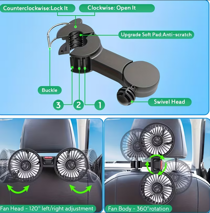 Dual Head Car Cooling Fan 360 Degree Rotating Strong Wind Rear Seat Headrest Fan Low Noise Portable Air Circulator Car Accessories Car Gadgets