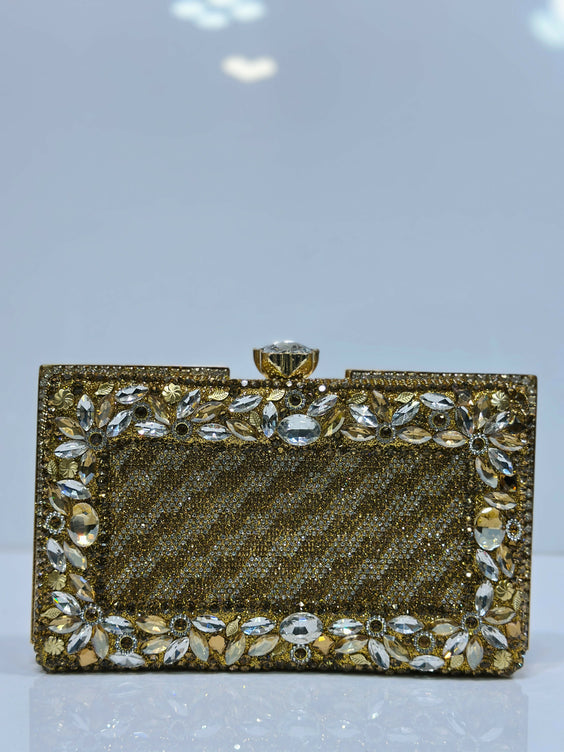 Floral Crystal Bordered Hard Case Clutch Bag for Women - Elegant Formal Evening & Party Purse