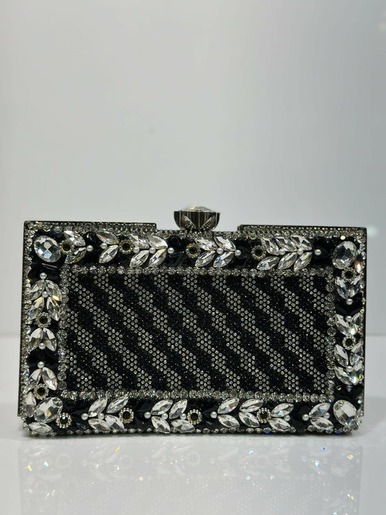 Floral Crystal Bordered Hard Case Clutch Bag for Women - Elegant Formal Evening & Party Purse