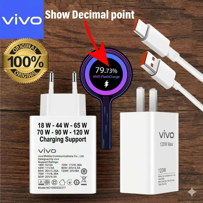 Original Vivo 120W Flash Charger Type-C Cable | Premium Super Fast Charging Adapter for Vivo V23 V20 V21 Y73 Z1x | Genuine Dual Engine QC 4.0 Fast Charge