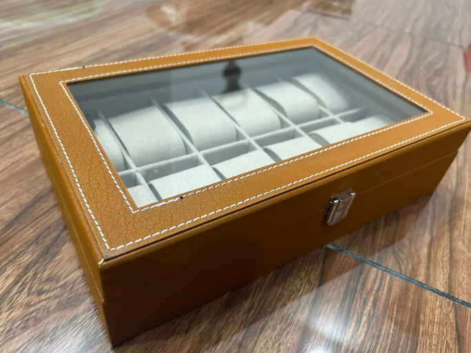 12 Slots Premium Watch Storage Box with Glass Lid | Luxury PU Leather Watch Organizer | Perfect for Watches Collection & Gift