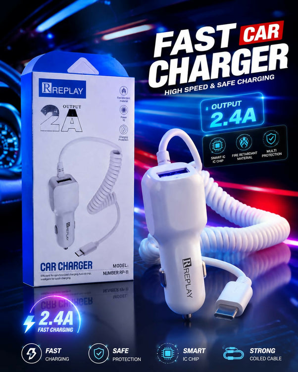 Replay RP-11 2.4A Dual USB Car Charger with Coiled Cable