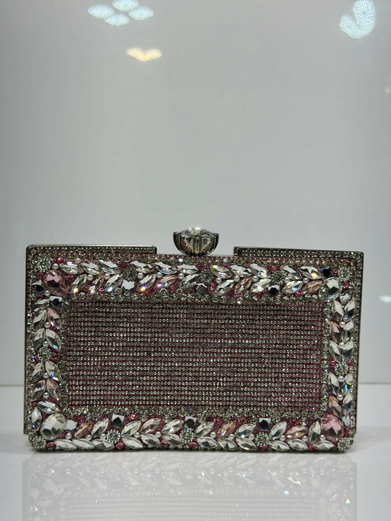 Floral Crystal Bordered Hard Case Clutch Bag for Women - Elegant Formal Evening & Party Purse