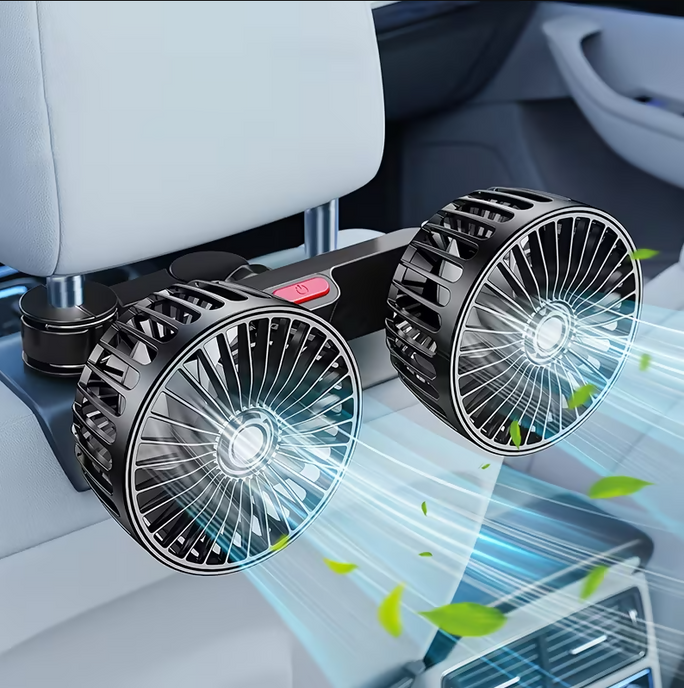 Dual Head Car Cooling Fan 360 Degree Rotating Strong Wind Rear Seat Headrest Fan Low Noise Portable Air Circulator Car Accessories Car Gadgets