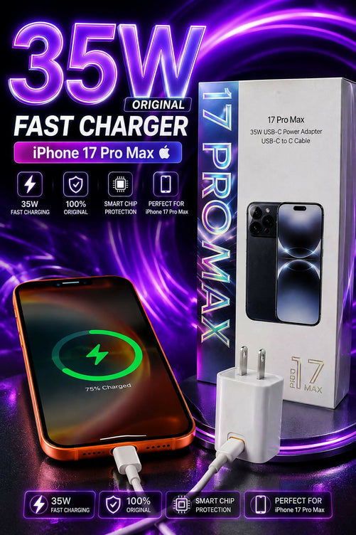Original 35W Fast Charger For iPhone 17 Pro Max 17 Pro USB-C Power Adapter With Type C To C Cable Kit, Premium Quality PD Fast Charging Adapter, Smart Chip Protection Quick Wall Charger
