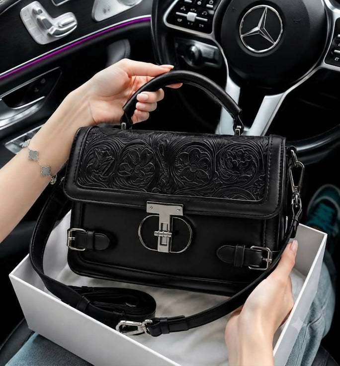 Trendy Leather Crossbody Shoulder Handbag for Women - Classic Lock Accent Top Handle Purse
