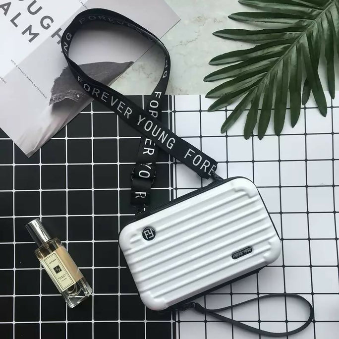 Trendy Mini Suitcase Hard Shell Crossbody Bag for Women - Compact Fiber Hardcase Shoulder Purse with Adjustable Strap