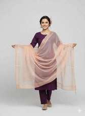 3 Pieces Unstitched Katan Silk Plain Shirt & Trouser With Organza Lining Dupatta For Womens & Girls
