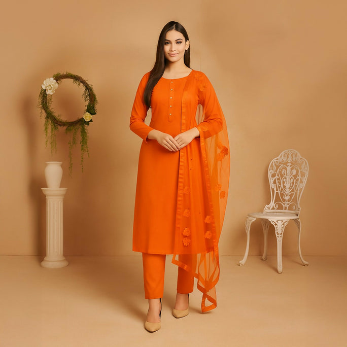 Unstitched 3 Piece Collection Katan Silk Plain Shirt & Trouser With Net Dupatta For Women Dress for women