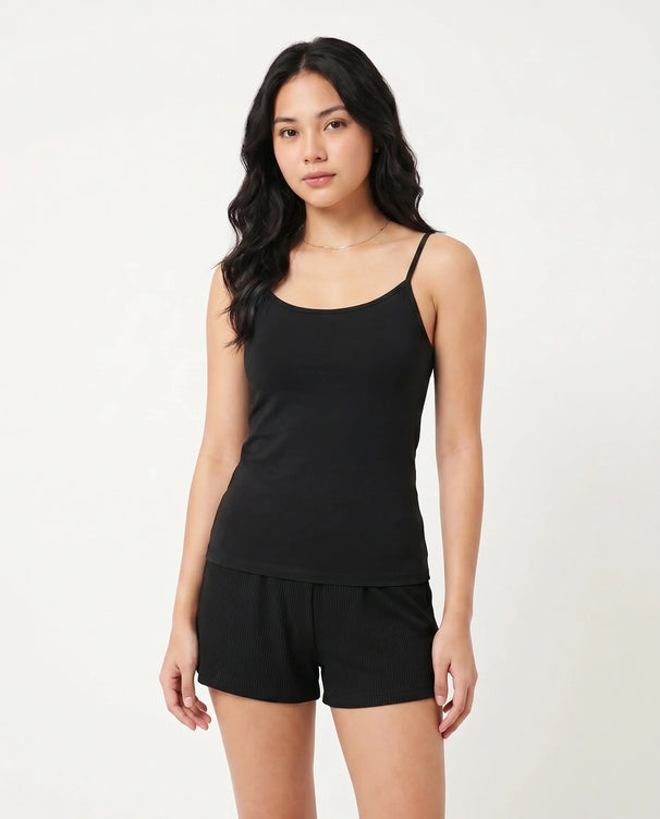 Sajiero Soft Cotton Camisole - Thin Strap - Black
