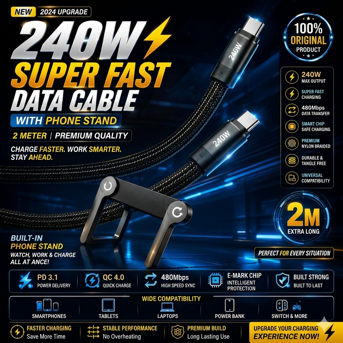 2-in-1 USB-C to USB-C 240W Cable with Foldable Phone Stand
