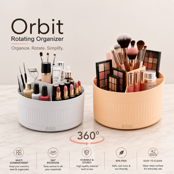 360° Rotating Makeup Organizer Plastic Cosmetic Storage Box – Makeup Brush Holder, Lipstick & Skincare Organizer for Dressing Table