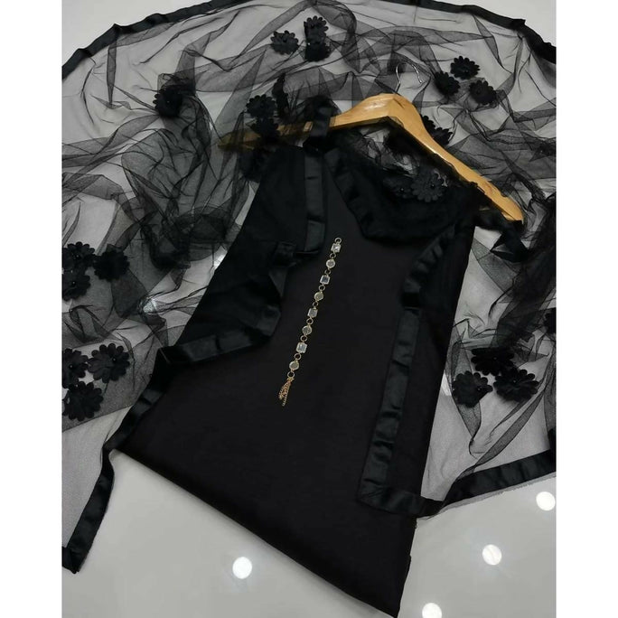 Unstitched 3 Piece Collection Katan Silk Plain Shirt & Trouser With Net Dupatta For Women Dress for women