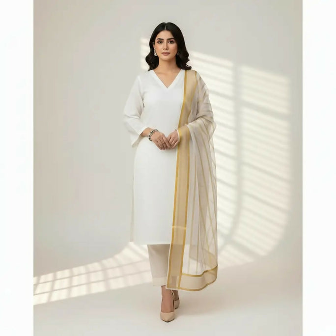 3 Pieces Unstitched Katan Silk Plain Shirt & Trouser With Organza Lining Dupatta For Womens & Girls