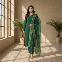 3 Pieces Unstitched Katan Silk Plain Shirt & Trouser With Organza Lining Dupatta For Womens & Girls