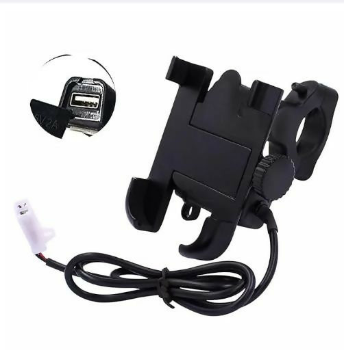 Metal Bike Mobile Holder with USB Charger | Heavy Duty Motorcycle Phone Holder | Universal Handle Bar Mount All Phones Mobile Holder Adjustable Mobile Holder Riding Mobile Holder Long Ride Mobile Holder