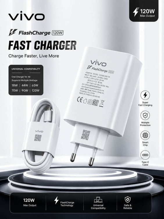 Original Vivo 120W Flash Charger Type-C Cable | Premium Super Fast Charging Adapter for Vivo V23 V20 V21 Y73 Z1x | Genuine Dual Engine QC 4.0 Fast Charge