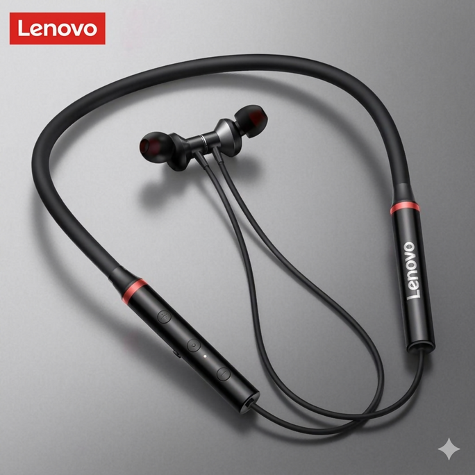 Lenovo HE05X Bluetooth 5.0 Earphones Wireless Neckband Headset, Magnetic, Waterproof IPX5, HiFi Sound, 8H Playtime, Sports Earbuds with Mic (Black) - Global Version