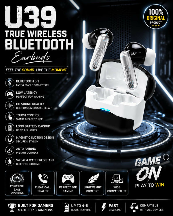 ORIGINAL U39 Gaming Earbuds Bluetooth 5.3 Wireless Headphones - Low Latency True Wireless TWS - Deep Bass Sound, 5H Battery, Touch Control, Sweatproof Earphones With Mic Works With All Devices