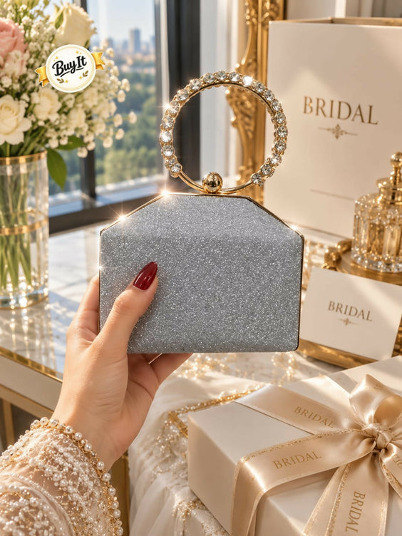 Bridal & Party Wear Shimmering Hard Case Wristlet Clutch for Women - Diamond Ring Handle Evening Purse