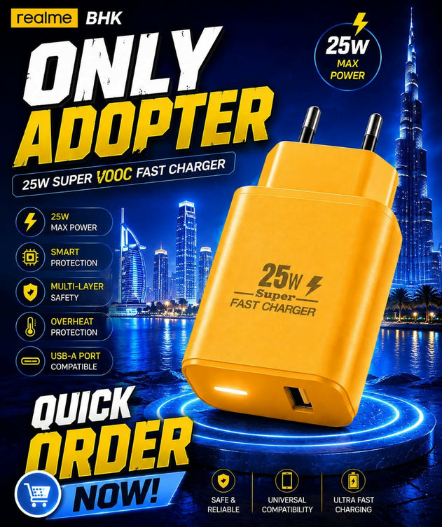 Realme 25W Only Adapter SuperVOOC Fast Charger - Max Power Super Fast Charging Wall Charger Premium Quality Mobile Adapter with Smart Protection & Multi-Layer Safety (White, Yellow, Black)
