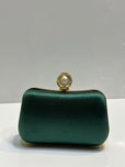 Silk Textured Hard Case Evening Clutch Bag for Women - Elegant Pearl Top Lock Party & Bridal Purse