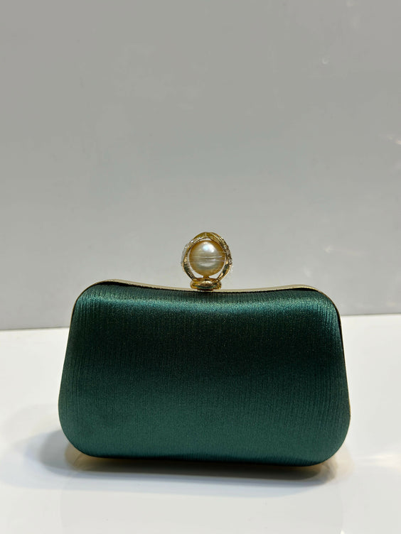 Silk Textured Hard Case Evening Clutch Bag for Women - Elegant Pearl Top Lock Party & Bridal Purse