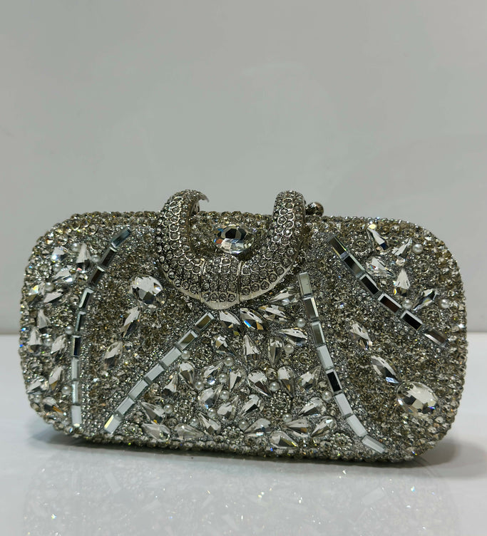 Luxury Crystal Embellished Silver Bridal Box Clutch Bag for Women - Premium Rhinestone Evening Party Purse with Crystal Handle