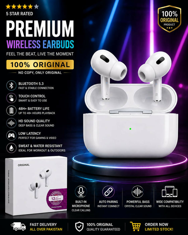 Premium PRO 2 ORIGINAL Wireless Earbuds Bluetooth 5.3 Pro – 100% Original HD Sound Quality Earphones with 48H+ Battery Life, Touch Control, Low Latency Gaming & Sweatproof Gym Pods