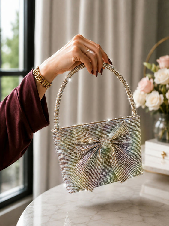 Trendy Shiny Crystal Bow Crossbody Handbag for Women & Girls - Elegant Party & Casual Shoulder Bag
