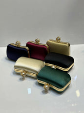 Silk Textured Hard Case Evening Clutch Bag for Women - Elegant Pearl Top Lock Party & Bridal Purse