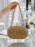 Hand Beaded Oval Evening Clutch Bag for Women - Pearl Top Clasp with Detachable Chain Strap