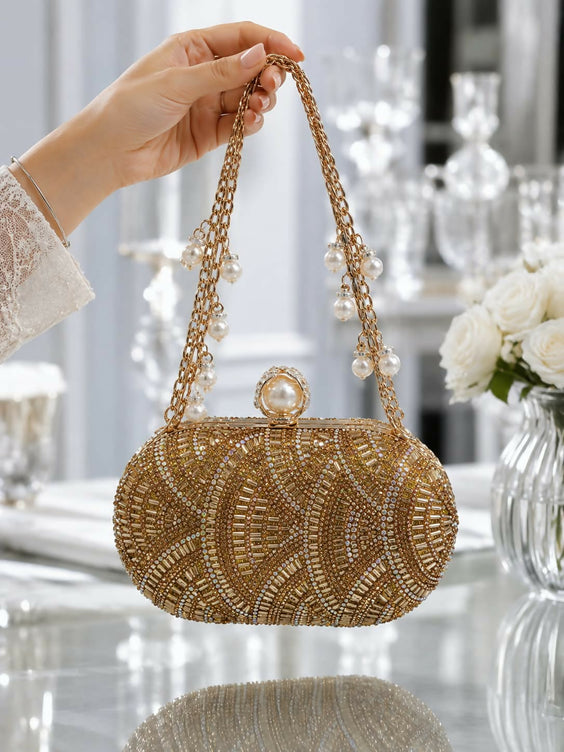 Hand Beaded Oval Evening Clutch Bag for Women - Pearl Top Clasp with Detachable Chain Strap