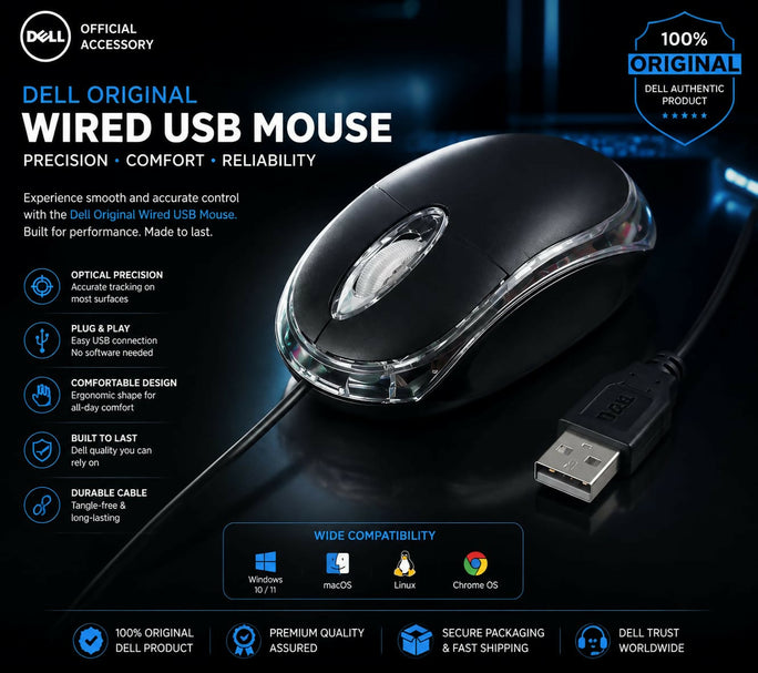 Dell Original Wired USB RGB Optical Mouse High Precision 1000 DP